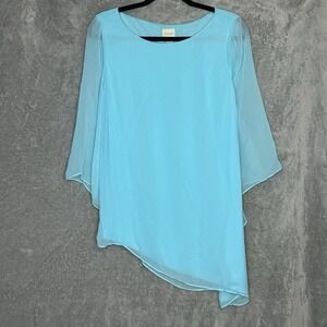 Chicos 0 Size Small Top Shirt Blue Solid Flared Sheer 3/4 Sleeve Scoop Neck